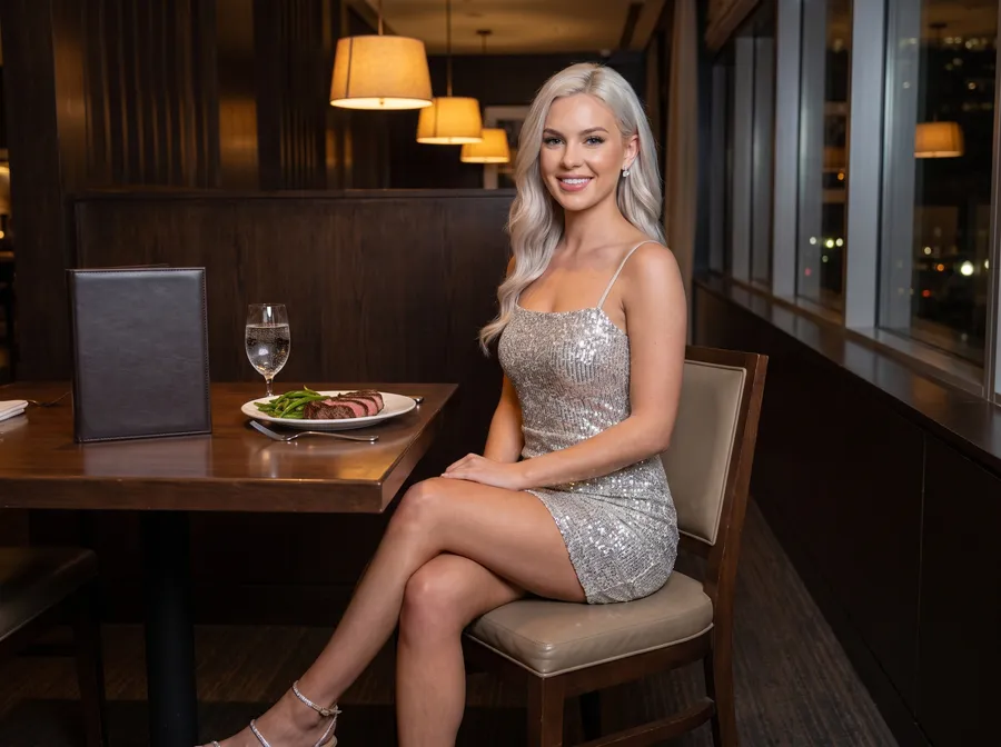 Generated photo: the site character sits at a steakhouse table with a sliced steak, green beans and a glass of sparkling water, warm lamps behind her.